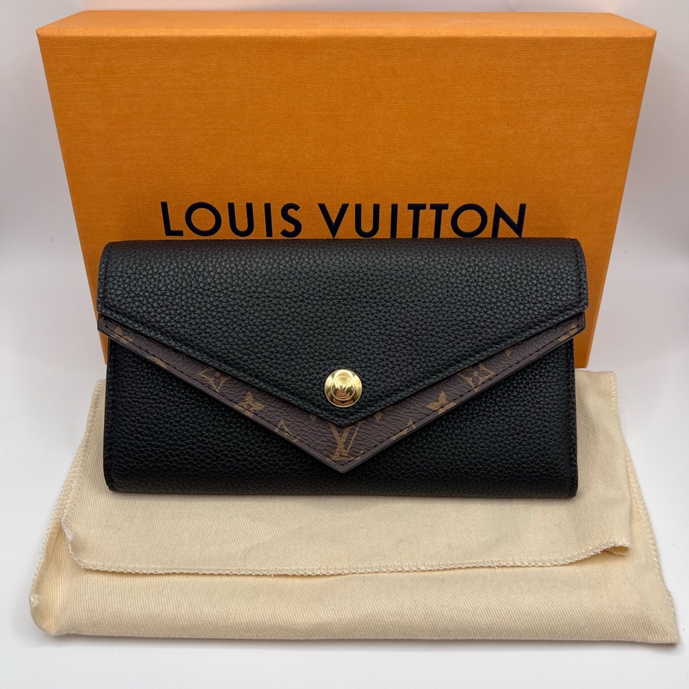 SOLD Authentic Louis Vuitton Black Leather, monogram Canvas Envelope Long Wallet